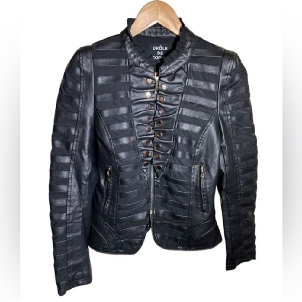 Drôle de Copine Paris Black Faux Leather Striped Jacket Gold Details Size Large